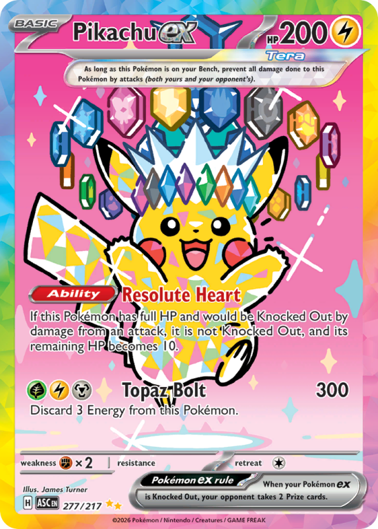 Pokémonkaart Pikachu ex nummer 277/217 uit de set Ascended Heroes (Mega Evolution)