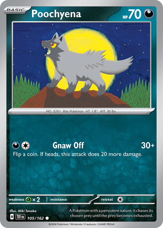 Pokémonkaart Poochyena nummer 105/162 uit de set Temporal Forces (Scarlet & Violet)