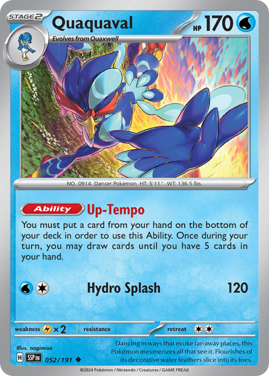 Pokémonkaart Quaquaval nummer 52/191 uit de set Surging Sparks (Scarlet & Violet)