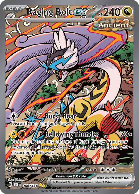 Pokémonkaart Raging Bolt ex nummer 166/131 uit de set Prismatic Evolutions (Scarlet & Violet)