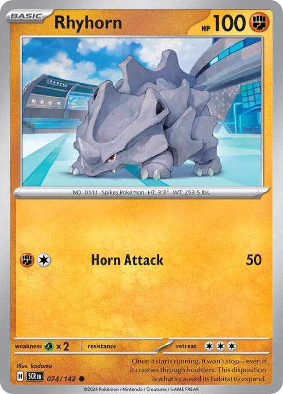 Pokémonkaart Rhyhorn nummer 74/142 uit de set Stellar Crown (Scarlet & Violet)