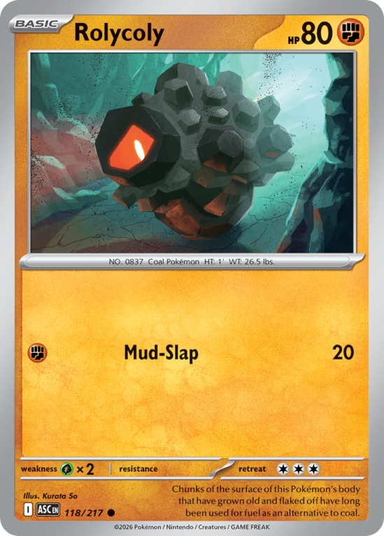 Pokémonkaart Rolycoly nummer 118/217 uit de set Ascended Heroes (Mega Evolution)