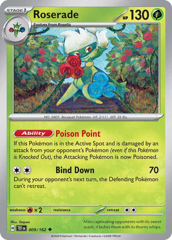 Pokémonkaart Roserade nummer 9/162 uit de set Temporal Forces (Scarlet & Violet)