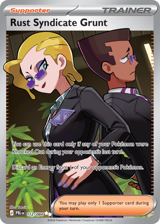 Pokémonkaart Rust Syndicate Grunt nummer 112/84 uit de set Pitch Black (Mega Evolution)