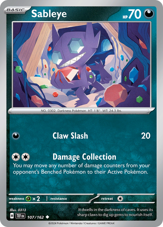 Pokémonkaart Sableye nummer 107/162 uit de set Temporal Forces (Scarlet & Violet)