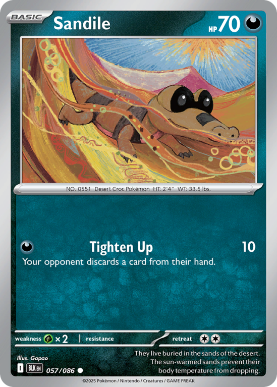 Pokémonkaart Sandile nummer 57/86 uit de set Black Bolt (Scarlet & Violet)