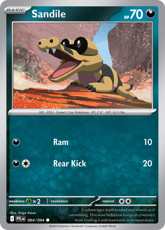 Pokémonkaart Sandile nummer 64/94 uit de set Phantasmal Flames (Mega Evolution)