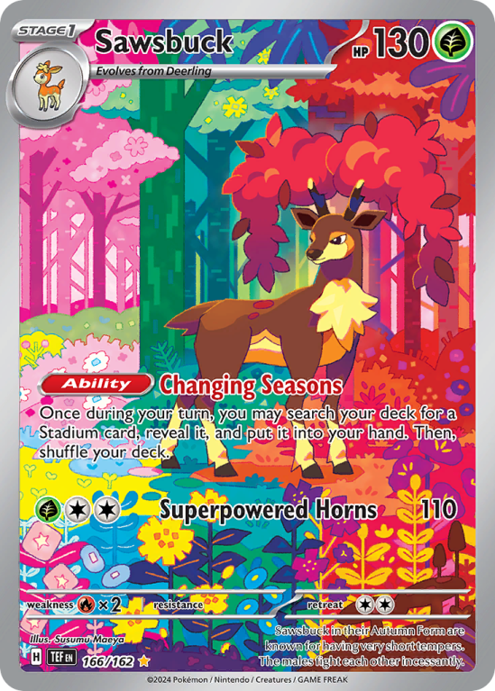 Pokémonkaart Sawsbuck nummer 166/162 uit de set Temporal Forces (Scarlet & Violet)
