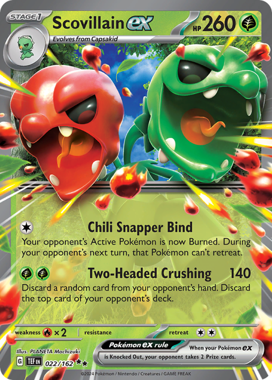 Pokémonkaart Scovillain ex nummer 22/162 uit de set Temporal Forces (Scarlet & Violet)