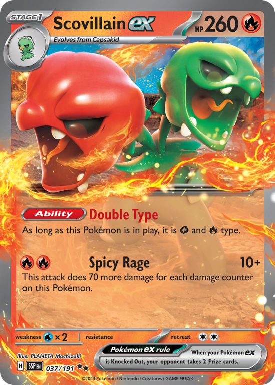 Pokémonkaart Scovillain ex nummer 37/191 uit de set Surging Sparks (Scarlet & Violet)