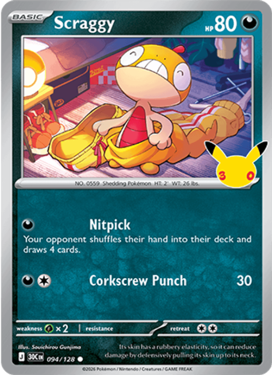 Pokémonkaart Scraggy nummer 094/128 uit de set 30th Celebration (Mega Evolution)