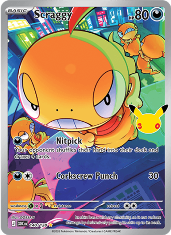 Pokémonkaart Scraggy nummer 140/128 uit de set 30th Celebration (Mega Evolution)