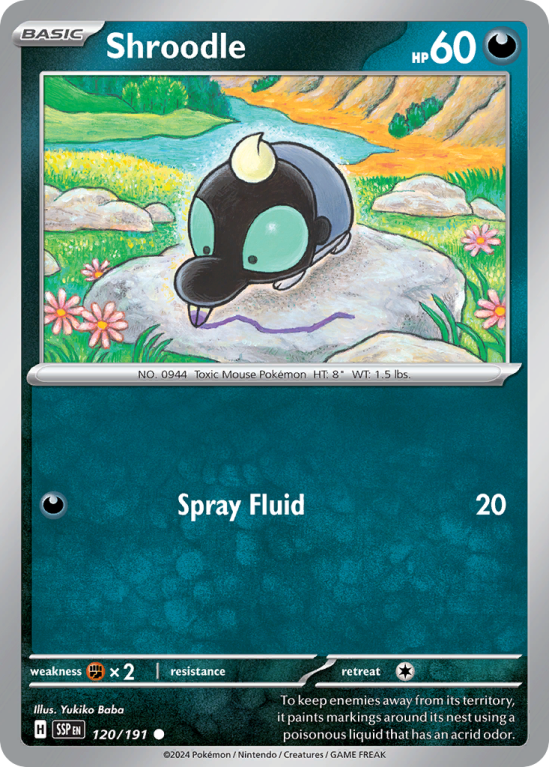 Pokémonkaart Shroodle nummer 120/191 uit de set Surging Sparks (Scarlet & Violet)