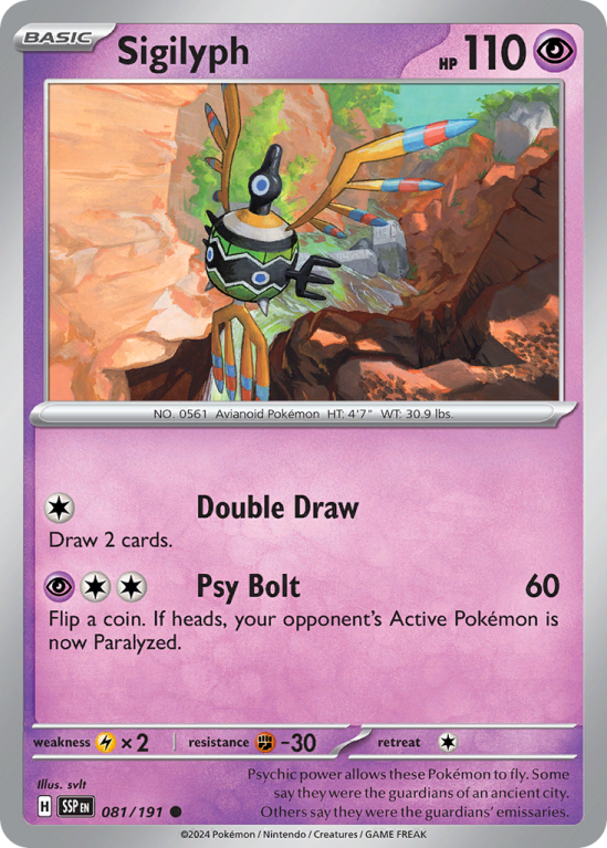 Pokémonkaart Sigilyph nummer 81/191 uit de set Surging Sparks (Scarlet & Violet)