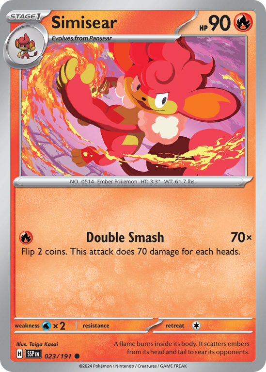 Pokémonkaart Simisear nummer 23/191 uit de set Surging Sparks (Scarlet & Violet)