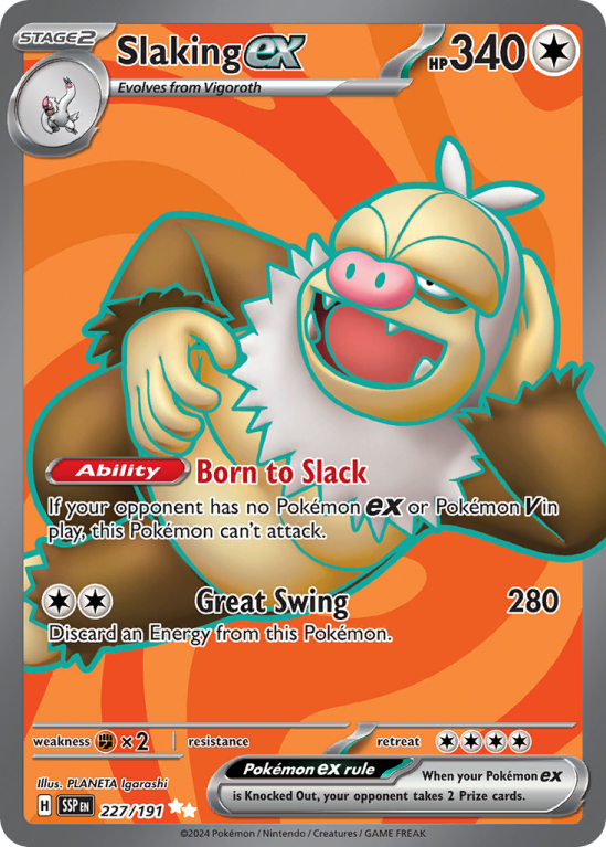 Pokémonkaart Slaking ex nummer 227/191 uit de set Surging Sparks (Scarlet & Violet)