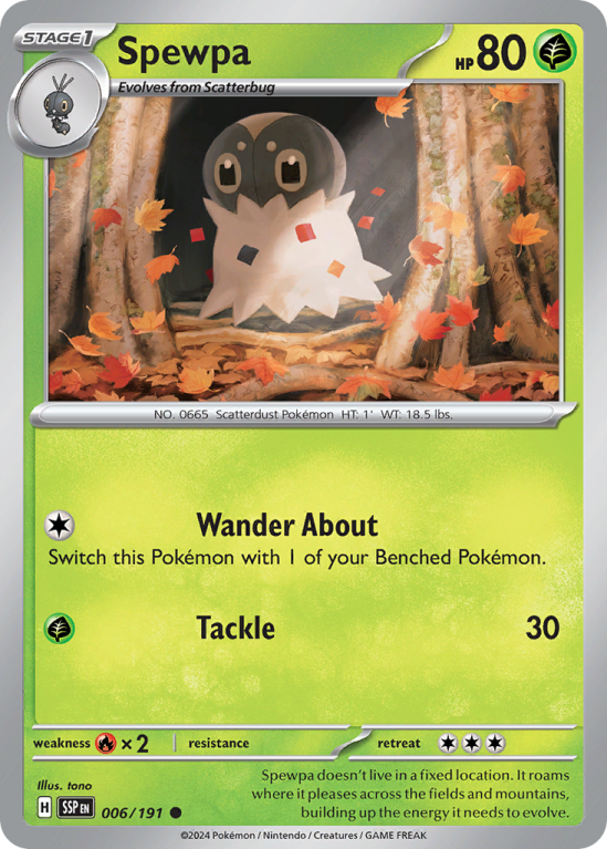 Pokémonkaart Spewpa nummer 6/191 uit de set Surging Sparks (Scarlet & Violet)