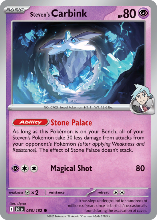 Pokémonkaart Steven's Carbink nummer 86/182 uit de set Destined Rivals (Scarlet & Violet)