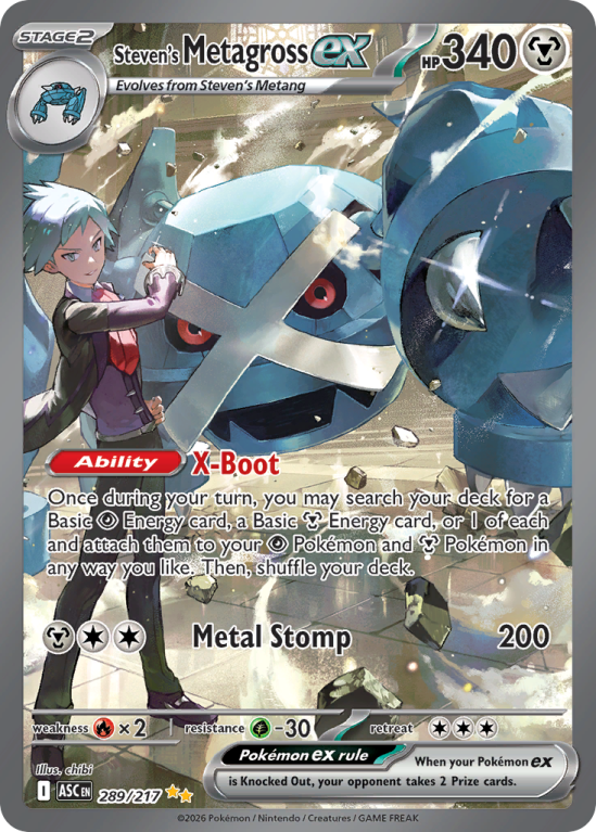 Pokémonkaart Steven's Metagross ex nummer 289/217 uit de set Ascended Heroes (Mega Evolution)