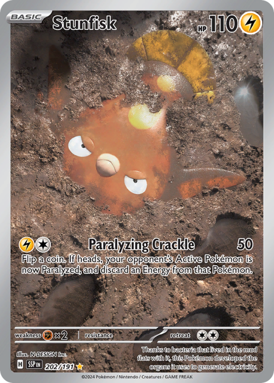 Pokémonkaart Stunfisk nummer 202/191 uit de set Surging Sparks (Scarlet & Violet)