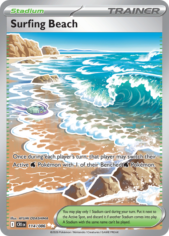 Pokémonkaart Surfing Beach nummer 114/86 uit de set Chaos Rising (Mega Evolution)