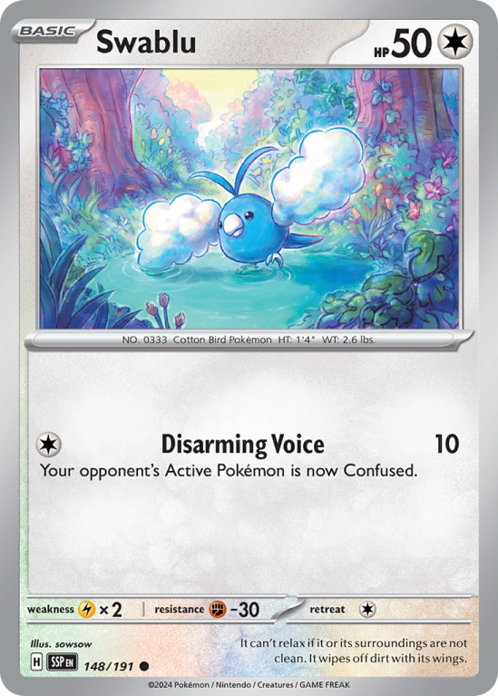 Pokémonkaart Swablu nummer 148/191 uit de set Surging Sparks (Scarlet & Violet)