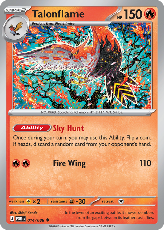 Pokémonkaart Talonflame nummer 14/88 uit de set Perfect Order (Mega Evolution)