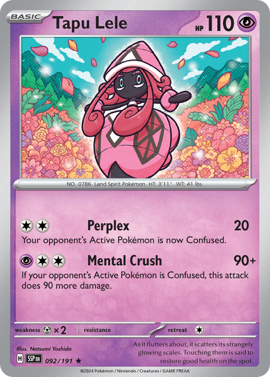 Pokémonkaart Tapu Lele nummer 92/191 uit de set Surging Sparks (Scarlet & Violet)