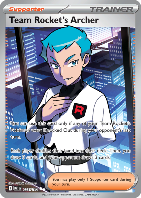 Pokémonkaart Team Rocket's Archer nummer 223/182 uit de set Destined Rivals (Scarlet & Violet)