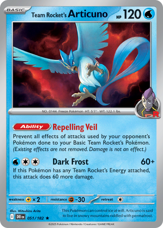 Pokémonkaart Team Rocket's Articuno nummer 51/182 uit de set Destined Rivals (Scarlet & Violet)