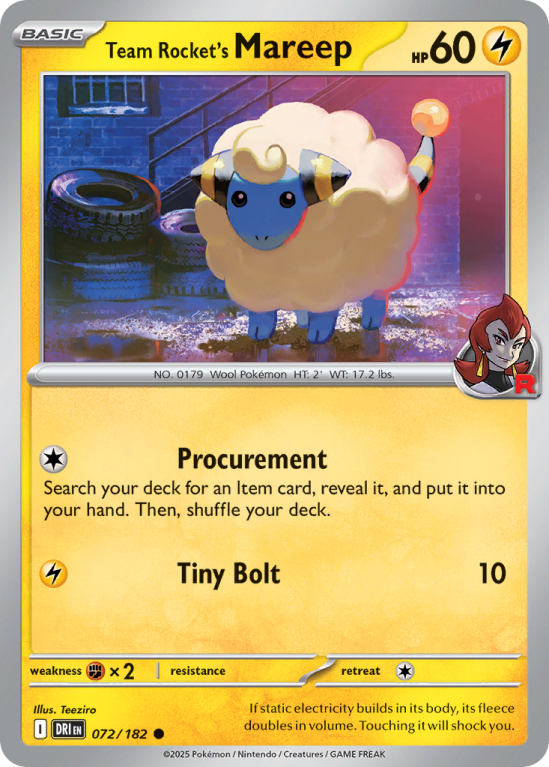 Pokémonkaart Team Rocket's Mareep nummer 72/182 uit de set Destined Rivals (Scarlet & Violet)