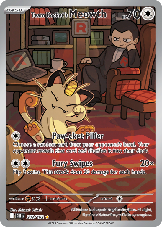 Pokémonkaart Team Rocket's Meowth nummer 203/182 uit de set Destined Rivals (Scarlet & Violet)