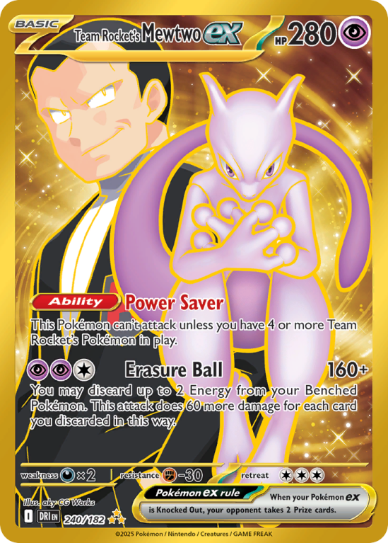 Pokémonkaart Team Rocket's Mewtwo ex nummer 240/182 uit de set Destined Rivals (Scarlet & Violet)