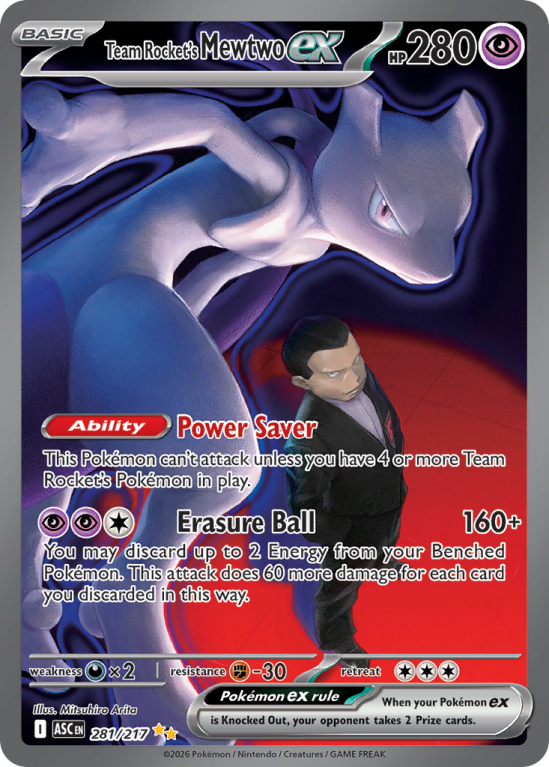 Pokémonkaart Team Rocket's Mewtwo ex nummer 281/217 uit de set Ascended Heroes (Mega Evolution)