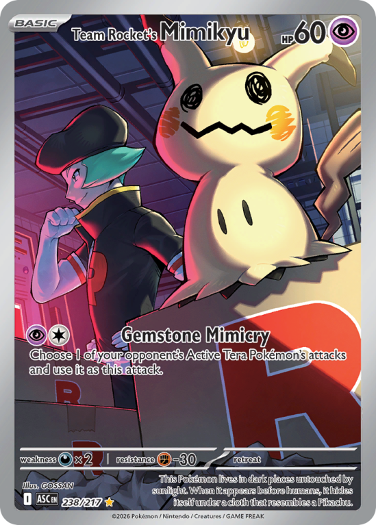 Pokémonkaart Team Rocket's Mimikyu nummer 238/217 uit de set Ascended Heroes (Mega Evolution)
