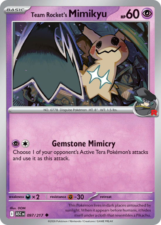 Pokémonkaart Team Rocket's Mimikyu nummer 97/217 uit de set Ascended Heroes (Mega Evolution)