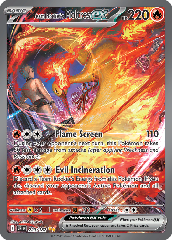 Pokémonkaart Team Rocket's Moltres ex nummer 229/182 uit de set Destined Rivals (Scarlet & Violet)
