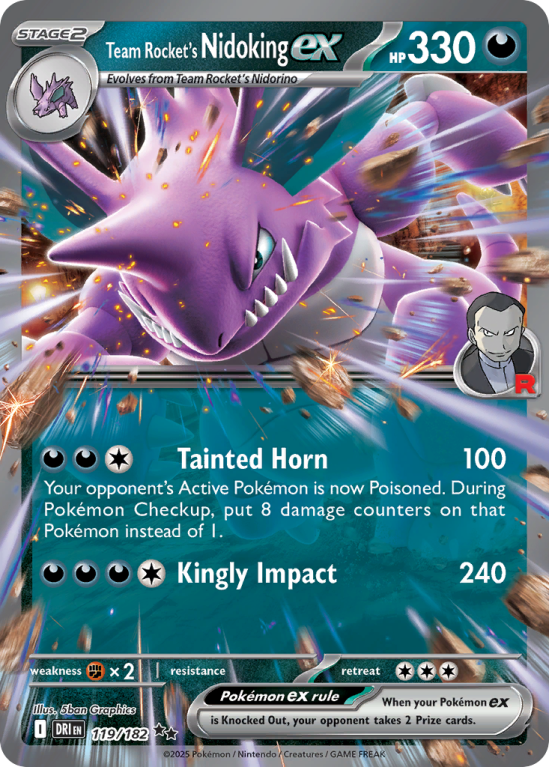 Pokémonkaart Team Rocket's Nidoking ex nummer 119/182 uit de set Destined Rivals (Scarlet & Violet)