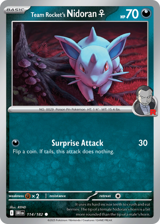 Pokémonkaart Team Rocket's Nidoran♀ nummer 114/182 uit de set Destined Rivals (Scarlet & Violet)
