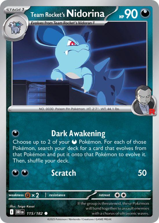 Pokémonkaart Team Rocket's Nidorina nummer 115/182 uit de set Destined Rivals (Scarlet & Violet)