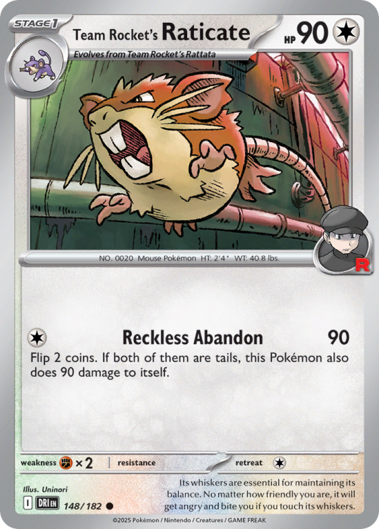 Pokémonkaart Team Rocket's Raticate nummer 148/182 uit de set Destined Rivals (Scarlet & Violet)