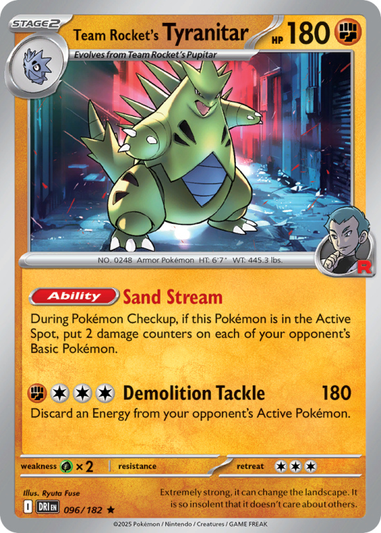 Pokémonkaart Team Rocket's Tyranitar nummer 96/182 uit de set Destined Rivals (Scarlet & Violet)