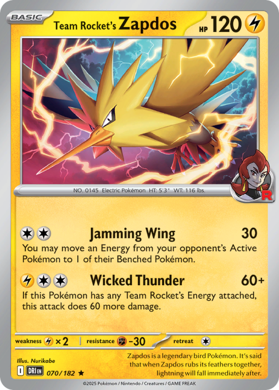 Pokémonkaart Team Rocket's Zapdos nummer 70/182 uit de set Destined Rivals (Scarlet & Violet)