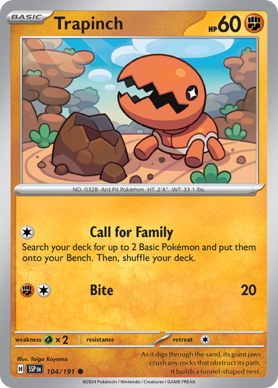 Pokémonkaart Trapinch nummer 104/191 uit de set Surging Sparks (Scarlet & Violet)