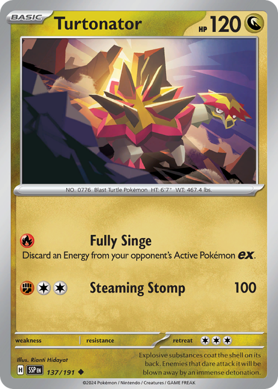 Pokémonkaart Turtonator nummer 137/191 uit de set Surging Sparks (Scarlet & Violet)