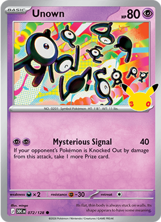 Pokémonkaart Unown nummer 072/128 uit de set 30th Celebration (Mega Evolution)