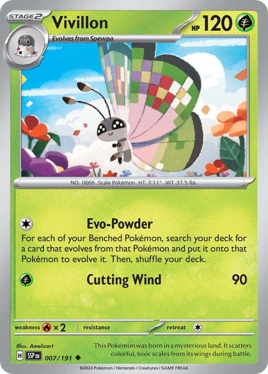 Pokémonkaart Vivillon nummer 7/191 uit de set Surging Sparks (Scarlet & Violet)