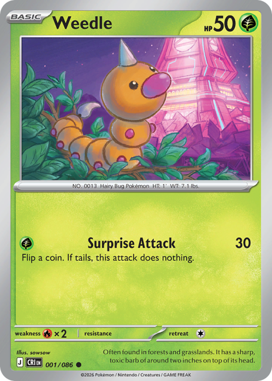 Pokémonkaart Weedle nummer 1/86 uit de set Chaos Rising (Mega Evolution)