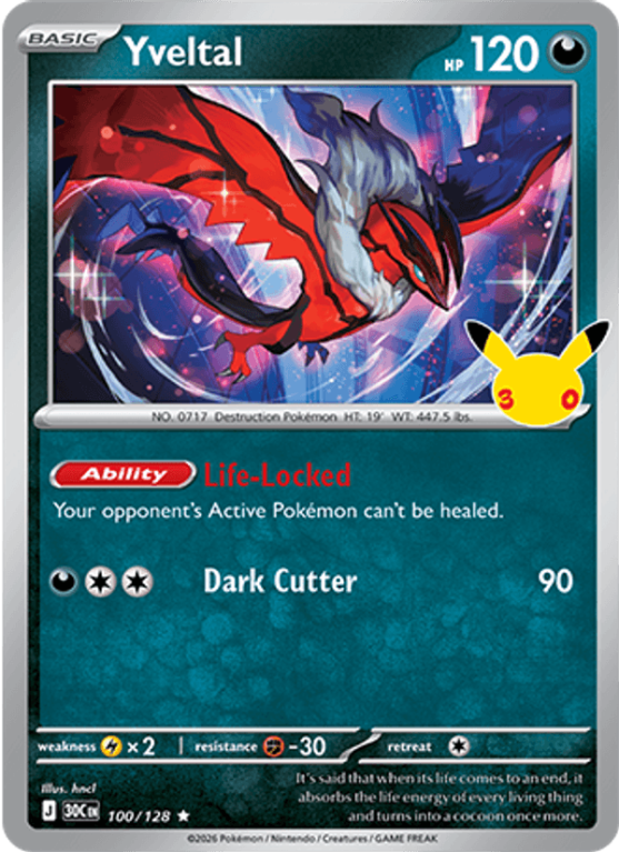 Pokémonkaart Yveltal nummer 100/128 uit de set 30th Celebration (Mega Evolution)