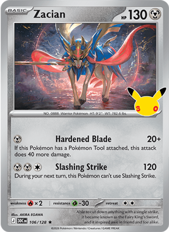 Pokémonkaart Zacian nummer 106/128 uit de set 30th Celebration (Mega Evolution)